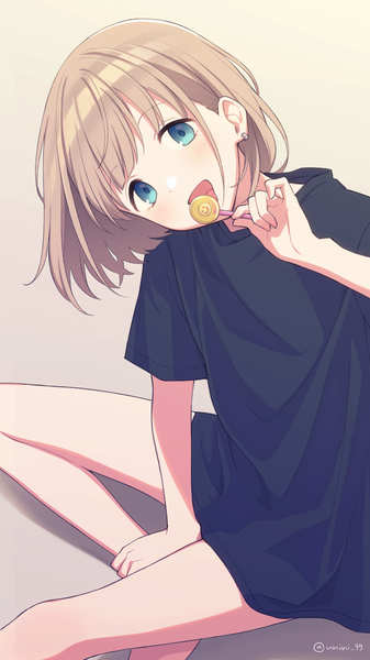 Anime picture 810x1440 with idolmaster idolmaster shiny colors serizawa asahi agata (agatha) single tall image looking at viewer short hair open mouth blue eyes brown hair sitting barefoot bare legs short sleeves oversized clothes girl earrings food sweets