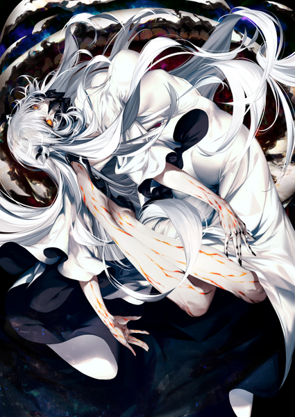 Anime picture 724x1023 with kantai collection midway hime kodama (wa-ka-me) single long hair tall image light erotic yellow eyes silver hair bent knee (knees) nail polish fingernails wide sleeves long fingernails arched back covered mouth shinkaisei-kan girl dress white dress