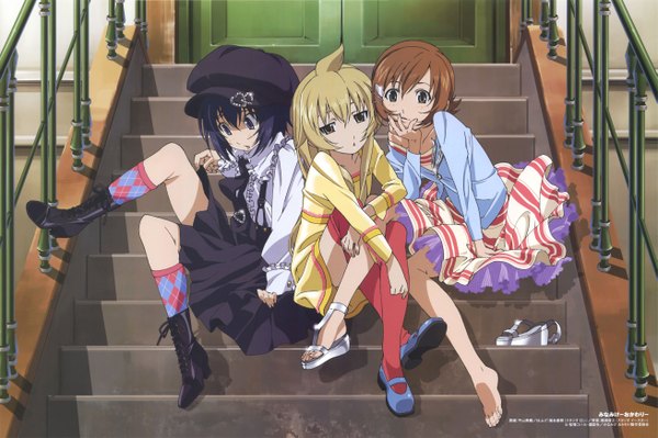 Anime picture 5234x3486 with minami-ke minami chiaki makoto (minami-ke) mako-chan (minami-ke) minami touma hirayama eiji highres sitting multiple girls ahoge barefoot scan official art otoko no ko crossdress girl thighhighs dress boy 2 girls