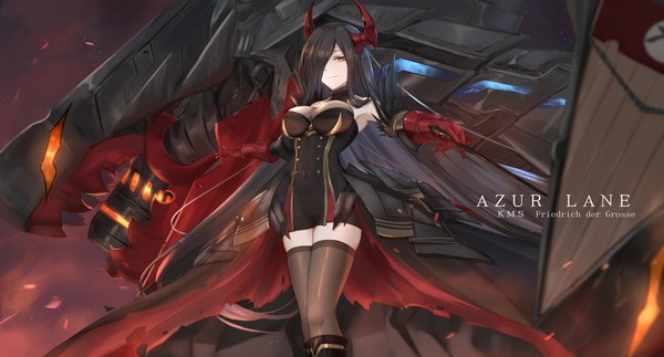 Anime picture 2000x1078 with azur lane friedrich der grosse (azur lane) eternity (shadeh) single long hair looking at viewer fringe highres breasts light erotic black hair wide image holding yellow eyes horn (horns) hair over one eye from below spread legs zettai ryouiki copyright name