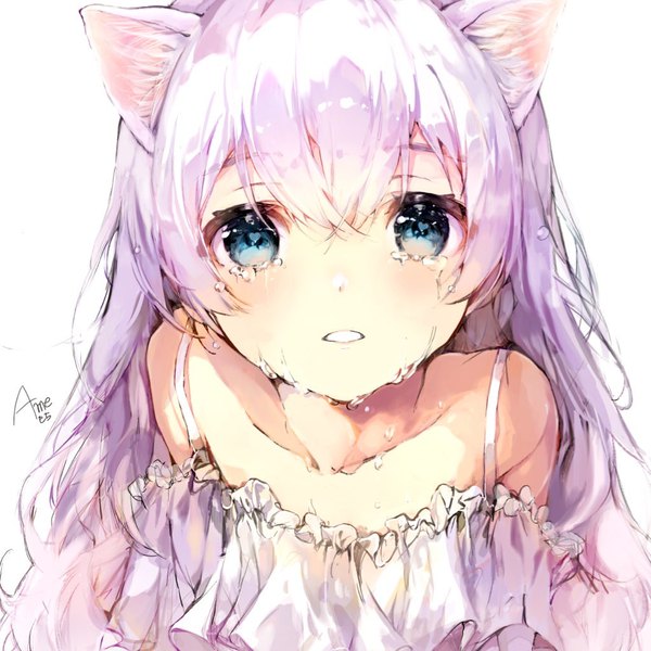 Anime picture 1024x1024 with original ame929 single long hair looking at viewer blue eyes simple background white background animal ears purple hair upper body cat ears tears symbol-shaped pupils heart-shaped pupils girl