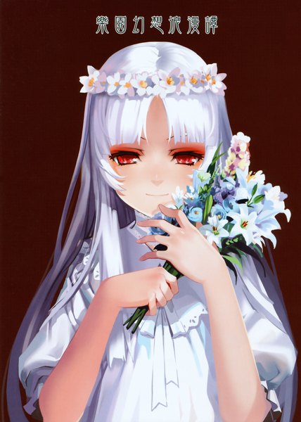 Anime picture 2499x3500 with sound horizon elysion elice (sound horizon) alphonse (white datura) single long hair tall image highres simple background smile red eyes white hair girl dress flower (flowers) bouquet wreath