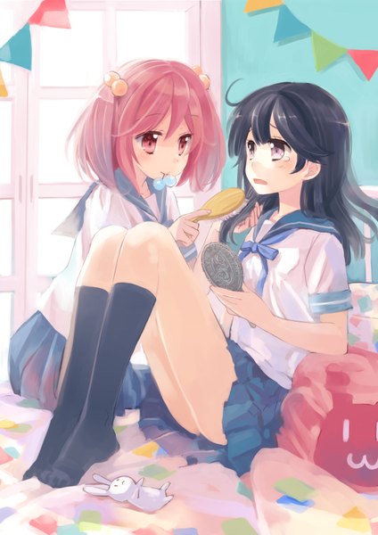 Anime picture 1240x1754 with kantai collection ushio destroyer sazanami destroyer naruse chisato long hair tall image blush black hair sitting purple eyes twintails multiple girls holding pink hair indoors pink eyes no shoes tears mouth hold hair tie in mouth