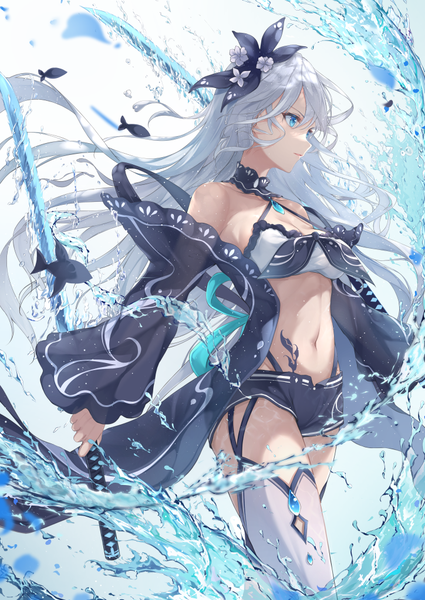Anime picture 724x1023 with original fuuro (johnsonwade) single long hair tall image fringe breasts blue eyes hair between eyes standing bare shoulders holding looking away cleavage silver hair open clothes floating hair dual wielding strap gap girl