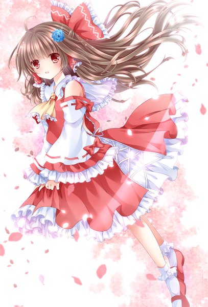 Anime picture 900x1327 with touhou hakurei reimu nogi takayoshi single long hair tall image looking at viewer blush open mouth red eyes brown hair hair flower girl hair ornament flower (flowers) bow hair bow detached sleeves petals socks