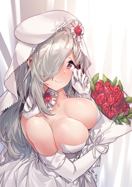 Anime-Bild 900x1271 mit girls frontline g36c (girls frontline) aningay single long hair tall image looking at viewer blush fringe breasts light erotic smile red eyes large breasts standing holding signed cleavage upper body grey hair