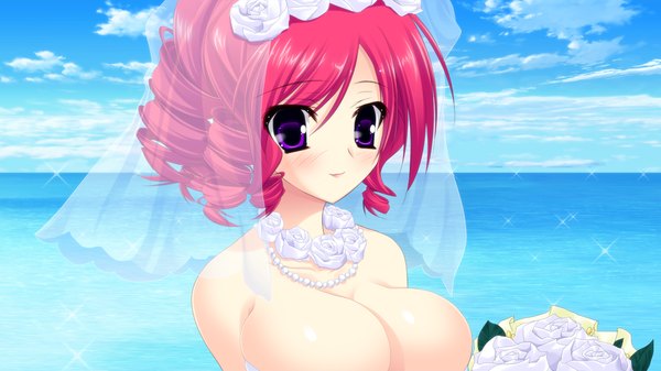Anime picture 1280x720 with strawberry feels blush breasts light erotic wide image large breasts purple eyes game cg red hair drill hair alternate hairstyle hair up girl dress flower (flowers) wedding dress