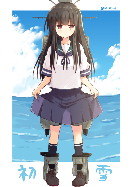 Anime picture 882x1254 with kantai collection hatsuyuki destroyer akane souichi single long hair tall image looking at viewer fringe brown hair standing brown eyes signed sky cloud (clouds) full body blunt bangs character names twitter username border outside border