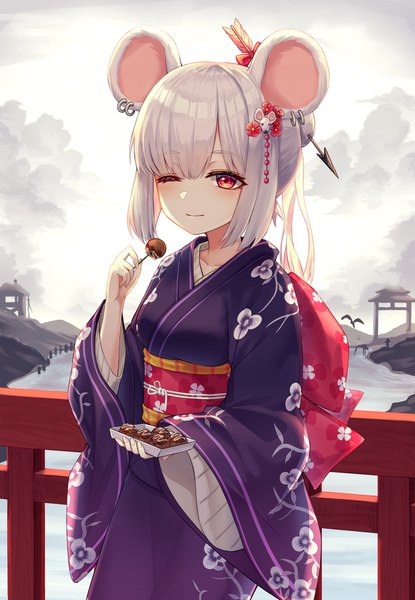 Anime picture 1500x2169 with original myung yi single tall image blush fringe short hair red eyes standing holding animal ears payot looking away sky silver hair cloud (clouds) outdoors blunt bangs traditional clothes japanese clothes