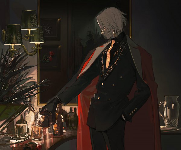 Anime picture 1000x828 with fate (series) fate/grand order karna (fate) itefu single short hair standing looking away silver hair profile looking down hand in pocket clothes on shoulders heroic spirit formal dress boy gloves black gloves necktie alcohol glass