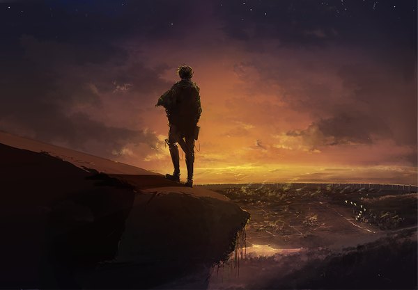 Anime picture 1037x721 with shingeki no kyojin production i.g levi (rivaille) e-ko short hair standing sky cloud (clouds) bent knee (knees) outdoors wind from behind shadow evening horizon military boy uniform weapon star (stars)