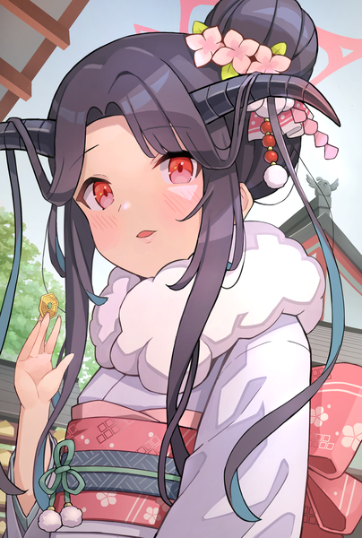 Anime picture 2534x3764 with blue archive fuuka (blue archive) fuuka (new year) (blue archive) nomio single long hair tall image highres black hair red eyes upper body outdoors traditional clothes japanese clothes horn (horns) hair bun (hair buns) official alternate costume girl kimono obi