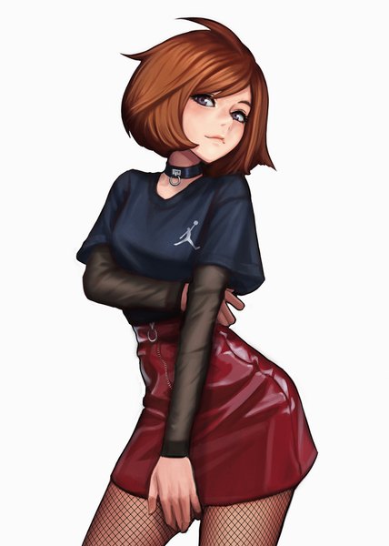 Anime picture 1200x1680 with original nike jungon single tall image looking at viewer fringe short hair breasts simple background smile brown hair standing white background purple eyes long sleeves short sleeves logo fishnet leather