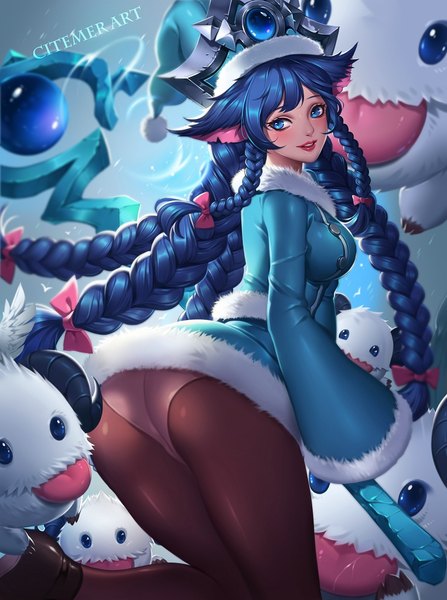 Anime picture 763x1024 with league of legends lulu (league of legends) poro (league of legends) gu-ko citemer long hair tall image blush fringe blue eyes light erotic smile signed animal ears payot blue hair looking away bent knee (knees) ass braid (braids) looking back