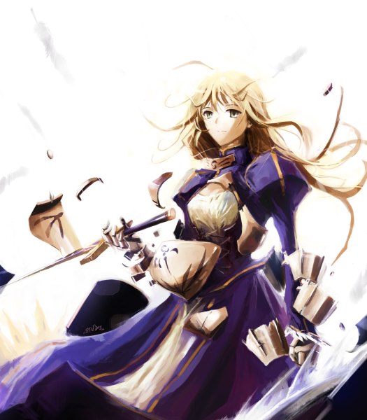 Anime picture 2100x2400 with fate (series) fate/stay night studio deen type-moon artoria pendragon (all) saber stu dts single long hair tall image highres blonde hair white background grey eyes girl dress gloves sword armor