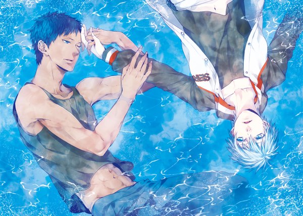 Anime picture 1600x1141 with kuroko no basket production i.g kuroko tetsuya aomine daiki komashiro short hair blue eyes blue hair open clothes open jacket multiple boys dark skin holding hands muscle shounen ai ophelia's pose boy navel water 2 boys