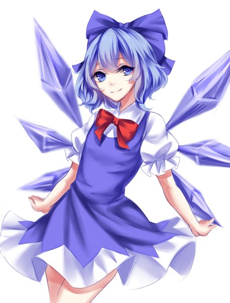 Anime picture 1900x2500 with touhou cirno sheya single tall image looking at viewer fringe highres short hair blue eyes simple background smile white background payot blue hair short sleeves puffy sleeves spread arms girl dress
