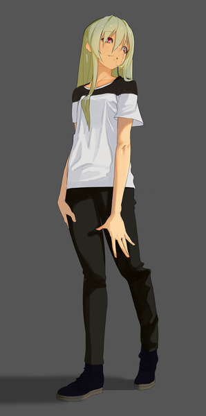 Anime picture 1587x3188 with original attall single long hair tall image simple background blonde hair red eyes standing looking away grey background scar girl shoes pants t-shirt sneakers