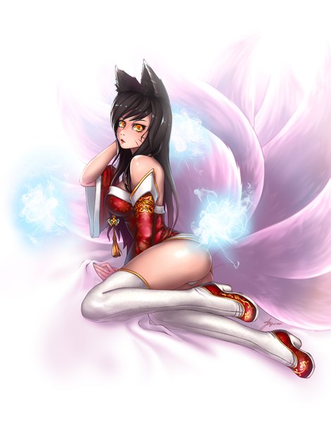 Anime picture 1179x1500 with league of legends ahri (league of legends) ryun (artist) single long hair tall image looking at viewer fringe breasts light erotic black hair simple background white background animal ears yellow eyes tail animal tail fox ears magic facial mark