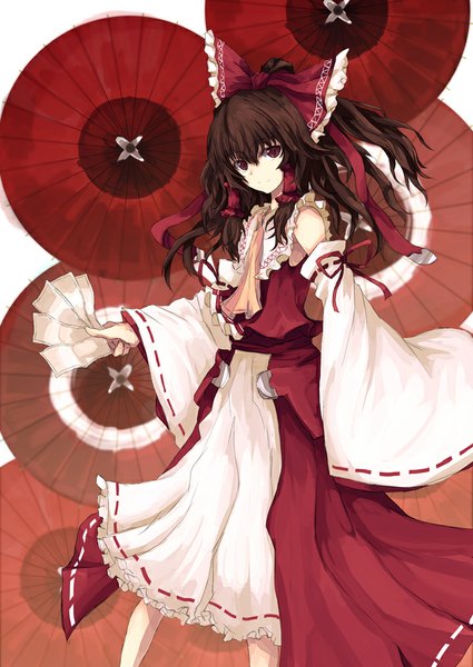 Anime picture 717x1012 with touhou hakurei reimu asagi shii single long hair tall image looking at viewer fringe smile red eyes brown hair standing holding traditional clothes girl ribbon (ribbons) bow hair bow detached sleeves umbrella