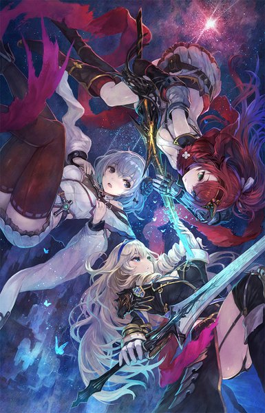 Anime picture 820x1276 with yoru no nai kuni yoru no nai kuni 2 alushe anatolia louenhide ariarhod liliana sailfin yoshiku (oden-usagi) long hair tall image fringe short hair open mouth blue eyes light erotic blonde hair hair between eyes multiple girls green eyes blue hair looking away cleavage