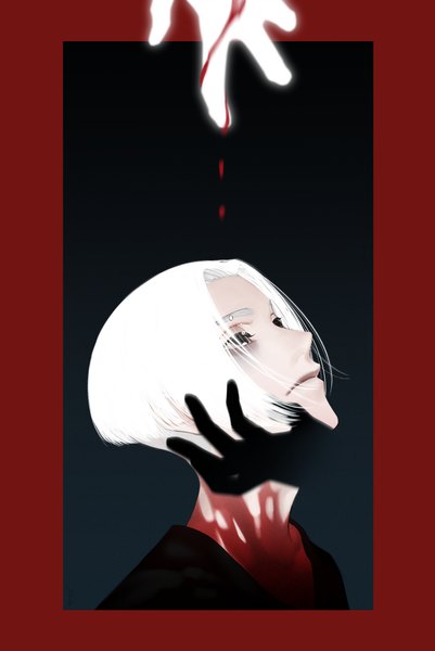 Anime picture 1871x2802 with tokyo revengers sano manjirou yun tai single tall image highres short hair white hair black eyes border looking up expressionless boy blood hands