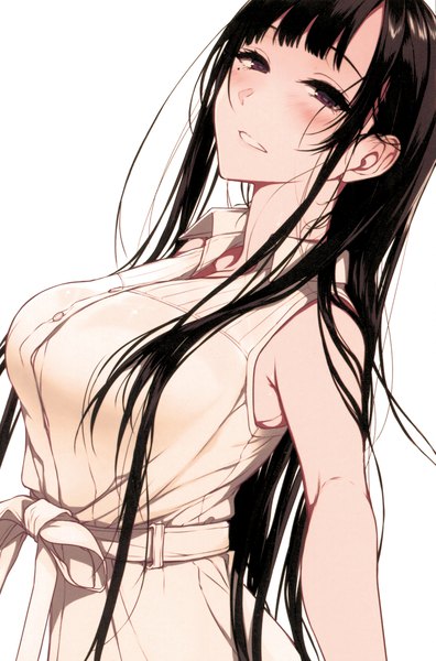 Anime picture 2946x4455 with ane naru mono chiyo (ane naru mono) pochi (pochi-goya) single long hair tall image looking at viewer blush fringe highres breasts black hair simple background large breasts standing white background purple eyes blunt bangs light smile scan