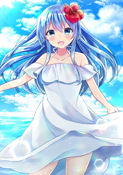 Anime picture 1000x1414 with original moe2018 minami saki single long hair tall image looking at viewer blush fringe open mouth blue eyes smile hair between eyes standing bare shoulders payot blue hair sky cloud (clouds) outdoors