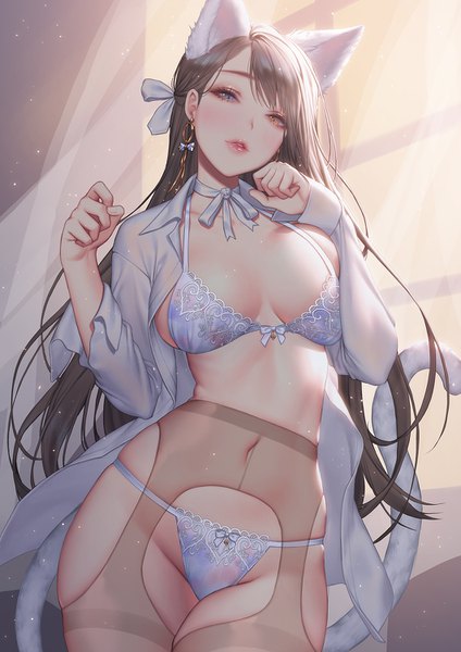 Anime picture 1061x1500 with original love cacao single long hair tall image looking at viewer blush fringe breasts blue eyes light erotic brown hair large breasts standing brown eyes animal ears payot cleavage indoors tail