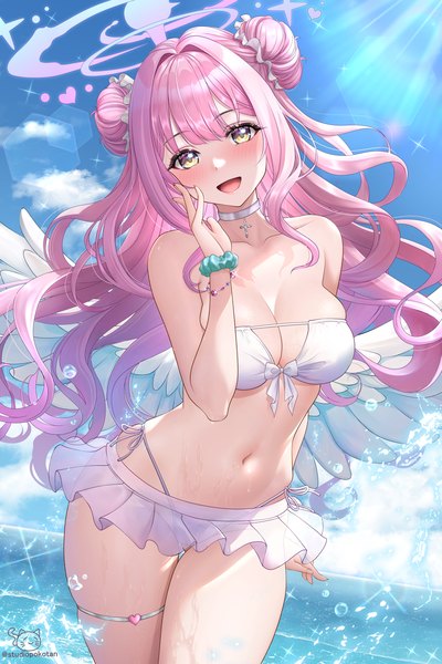 Anime picture 1336x2005 with blue archive mika (blue archive) studiopokotan single long hair tall image looking at viewer blush fringe breasts open mouth light erotic smile large breasts yellow eyes pink hair sky cloud (clouds) outdoors :d