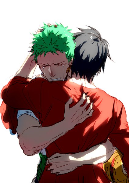 Anime picture 699x992 with one piece toei animation monkey d. luffy roronoa zoro eilinna tall image short hair black hair simple background white background upper body green hair multiple boys hug tears crying hat removed headwear removed hand on another's head boy