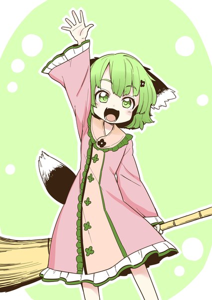Anime picture 2507x3541 with touhou kasodani kyouko oninamako single tall image looking at viewer fringe highres short hair open mouth simple background smile standing green eyes animal ears tail long sleeves :d animal tail arm up