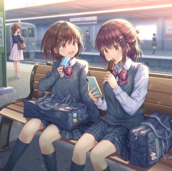 Anime picture 1171x1169 with original hirokazu (analysis-depth) blush fringe short hair open mouth smile brown hair standing sitting multiple girls holding brown eyes looking away outdoors ponytail long sleeves :d pleated skirt blurry