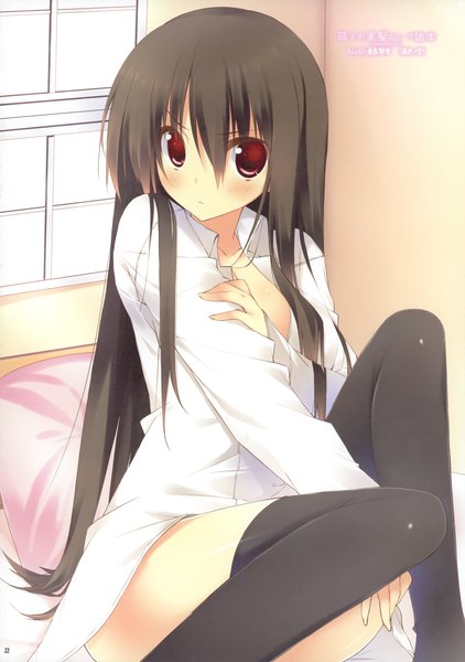 Anime picture 2134x3031 with original kuwashima rein single long hair tall image blush fringe highres light erotic black hair hair between eyes red eyes brown eyes open clothes open shirt girl thighhighs black thighhighs shirt white shirt