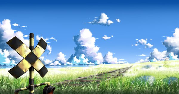 Anime picture 3400x1800 with original louders highres wide image sky cloud (clouds) no people landscape field plant (plants) water building (buildings) grass house traffic sign sign railroad tracks