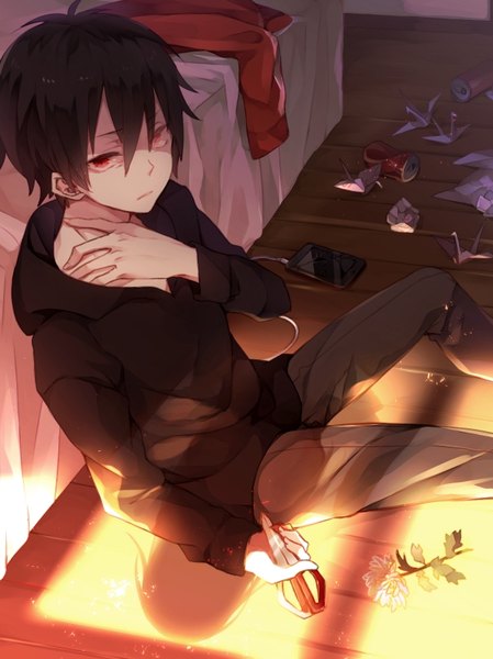 Anime picture 599x800 with kagerou project shaft (studio) kisaragi shintarou recotasan single tall image looking at viewer fringe short hair black hair hair between eyes red eyes sitting from above shadow evening boy flower (flowers) hood bed