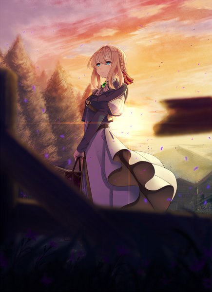 Anime picture 726x1000 with violet evergarden kyoto animation violet evergarden (character) koko (koko3) single long hair tall image blue eyes blonde hair payot looking away sky cloud (clouds) wind evening sunset girl dress plant (plants) petals