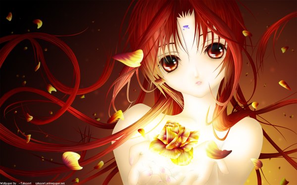 Anime picture 2560x1600 with dears miu (dears) single long hair looking at viewer fringe highres simple background wide image bare shoulders brown eyes red hair :o close-up brown background weightlessness girl flower (flowers) petals rose (roses)