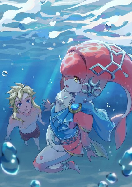 Anime picture 826x1169 with the legend of zelda the legend of zelda: breath of the wild nintendo link mipha saburou (jako) long hair tall image blue eyes light erotic blonde hair yellow eyes full body underwater monster girl girl bubble (bubbles) swim briefs