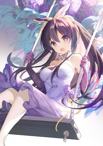 Anime picture 1000x1414 with date a live yatogami tooka bison cangshu single long hair tall image looking at viewer fringe breasts open mouth smile hair between eyes sitting purple eyes bare shoulders holding payot purple hair bent knee (knees) ponytail
