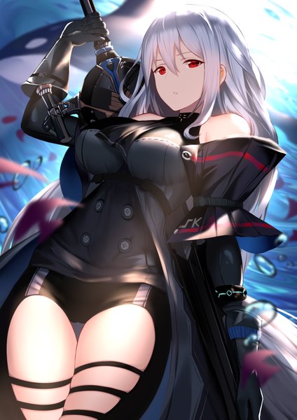 Anime picture 2480x3508 with arknights skadi (arknights) an yasuri single long hair tall image looking at viewer fringe highres light erotic hair between eyes red eyes standing bare shoulders holding payot silver hair parted lips arm up thigh gap