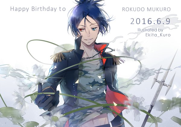 Anime picture 1200x842 with katekyou hitman reborn rokudo mukuro ekita xuan single looking at viewer short hair smile white background signed blue hair parted lips wind bare belly character names heterochromia dated smoke outstretched hand happy birthday camouflage