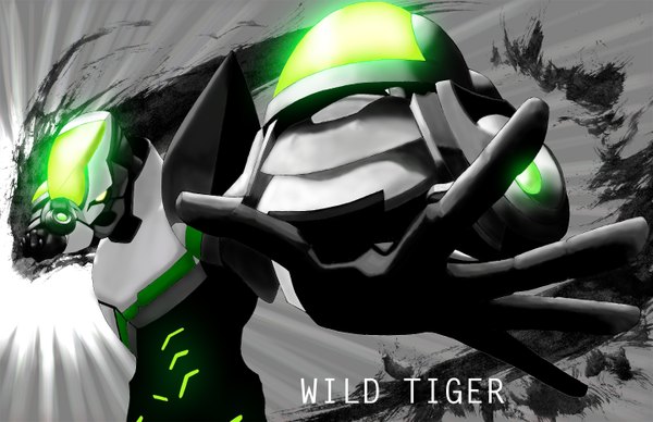 Anime picture 1440x932 with tiger & bunny sunrise (studio) wild tiger inscription grey background boy armor suit helmet fist