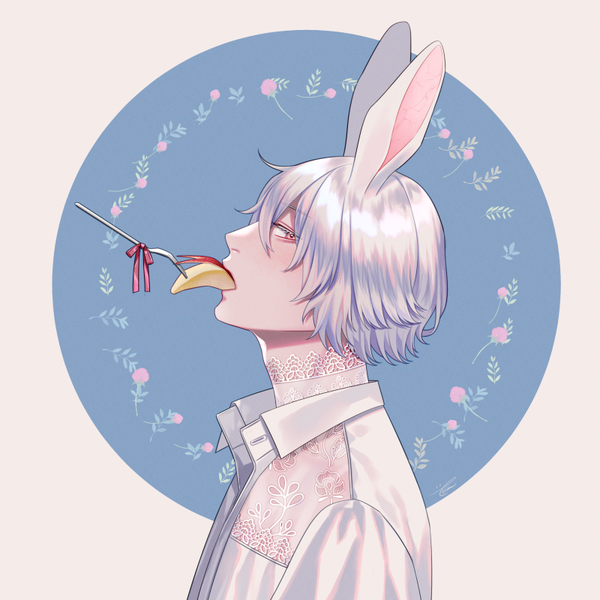 Anime picture 800x800 with original kurayoshi samu (sum) single looking at viewer fringe short hair simple background hair between eyes holding animal ears upper body white hair profile orange eyes bunny ears mouth hold portrait eating open collar albino