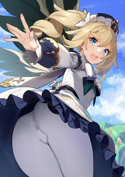 Anime picture 2125x3000 with genshin impact barbara (genshin impact) 92m single long hair tall image looking at viewer blush fringe highres open mouth blue eyes light erotic blonde hair smile hair between eyes standing twintails sky cloud (clouds)