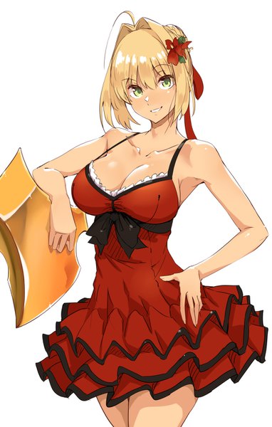 Anime picture 900x1414 with fate (series) fate/grand order nero claudius (fate) nero claudius (swimsuit caster) (fate) tokiwa midori (kyokutou funamushi) single tall image looking at viewer blush fringe short hair breasts light erotic simple background blonde hair smile hair between eyes large breasts standing white background