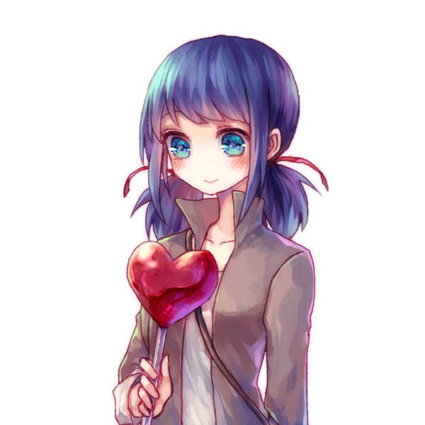 Anime picture 1024x1024 with miraculous ladybug marinette cheng roraco single long hair blush fringe simple background white background twintails holding payot blue hair blunt bangs aqua eyes open jacket low twintails looking down girl jacket