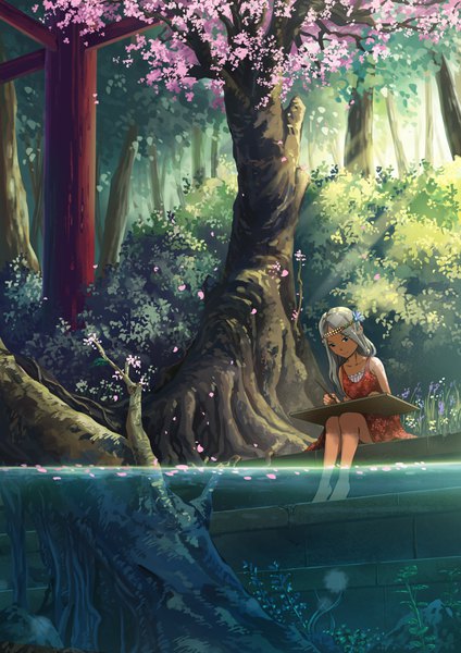 Anime picture 2480x3508 with original mitsuki (yu hsiang yi) single long hair tall image highres blue eyes sitting barefoot green hair cherry blossoms dark skin looking down scenic soaking feet girl dress plant (plants) tree (trees) water