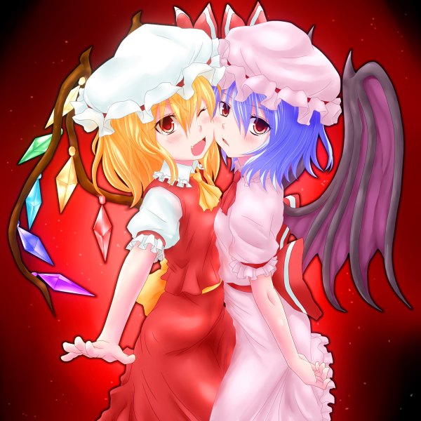 Anime picture 1200x1200 with touhou flandre scarlet remilia scarlet watarui looking at viewer blush short hair open mouth blonde hair red eyes multiple girls blue hair one eye closed wink flat chest girl dress skirt 2 girls wings