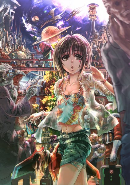 Anime picture 1748x2480 with original kopa (artist) tall image highres short hair open mouth black hair black eyes tattoo city looking up space girl navel shorts bracelet building (buildings) star (stars) monster planet